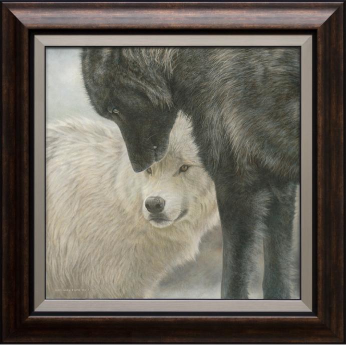 Strength & Wisdom - Grey Wolves, large framed limited edition giclée wildlife print on canvas is available by Canadian wildlife artist Michael Pape.