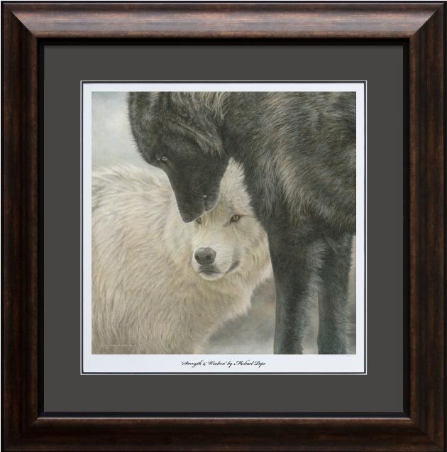 Strength & Wisdom - Grey Wolves, large framed limited edition giclée wildlife print on water colour paper is available by Canadian wildlife artist Michael Pape.