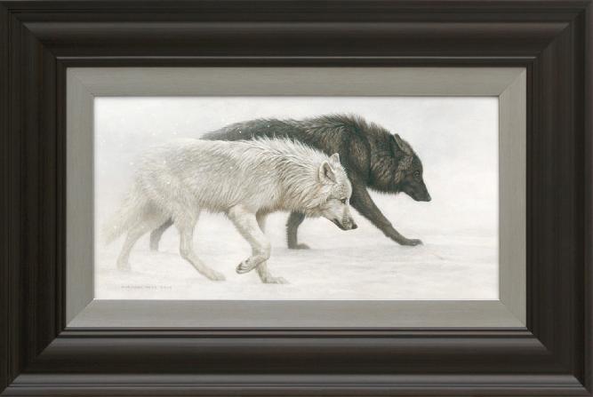 Ghostly Encounter - Grey Wolves, original acrylic on canvas wildlife painting is available.  Limited edition giclée wildlife prints on paper and canvas are available by Canadian wildlife artist Michael Pape.