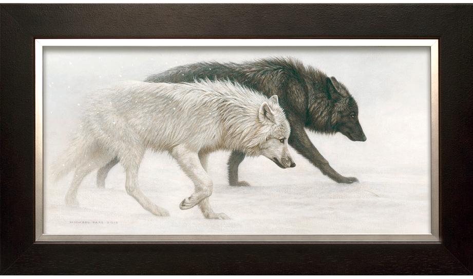 Ghostly Encounter - Grey Wolves, original acrylic on canvas wildlife painting is sold.  Limited edition giclée wildlife prints on paper and canvas are available by Canadian wildlife artist Michael Pape.