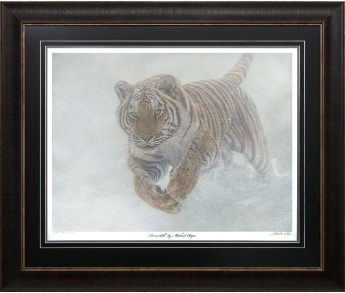 Order your fine art giclée limited edition print of this Siberian Tiger also known as an Amur Tiger painting, titled, Invincible by Canadian Wildlife Artist Michael Pape.