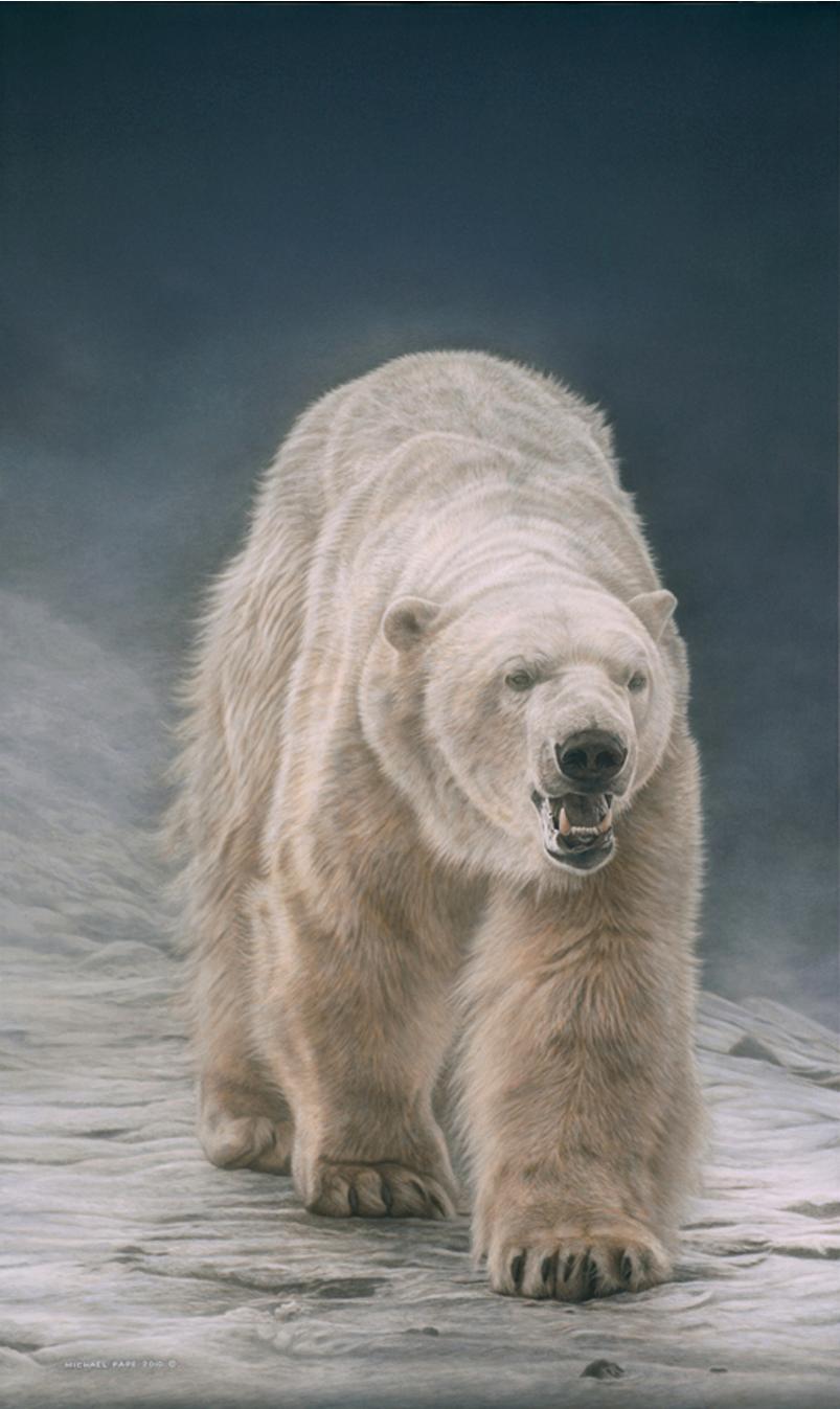On Thin Ice - Polar Bear, original wildlife painting is sold. Limited edition giclée wildlife prints on paper & canvas in three sizes are available by Canadian wildlife artist Michael Pape 