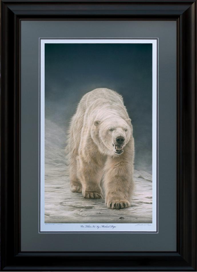 On Thin Ice - Polar Bear, original wildlife painting is sold. Limited edition giclée wildlife prints on paper & canvas in three sizes are available by Canadian wildlife artist Michael Pape including this 36" x 60" giclée canvas. 