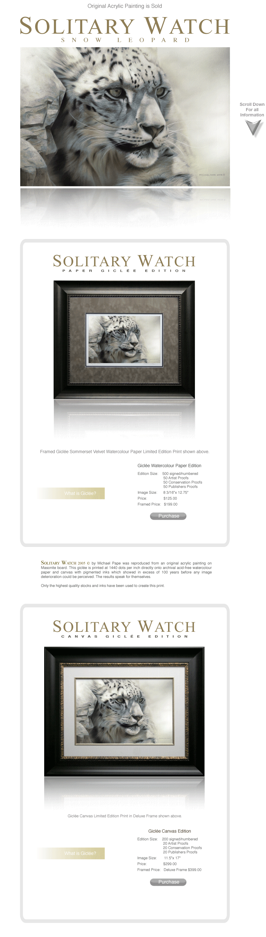 Buy giclée limited edition prints of this Snow Leopard wildlife painting titled “Solitary Watch” by Canadian Wildlife Artist Michael Pape.